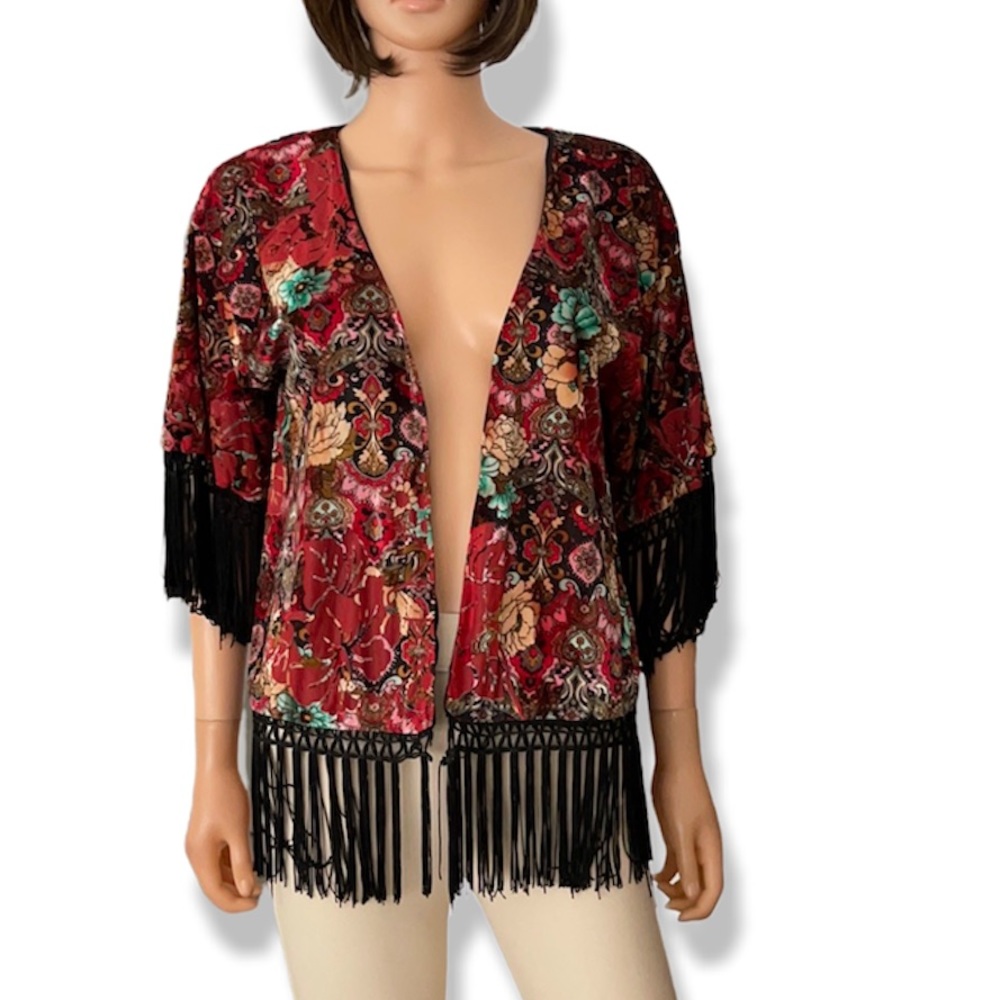 Vintage Boho Women’s Bella Berry floral paisley velvet open fringe jacket